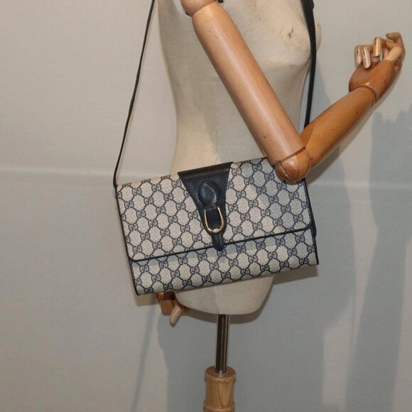 GUCCI GG Supreme Shoulder Bag PVC Leather Navy Gold - Picture 1 of 16